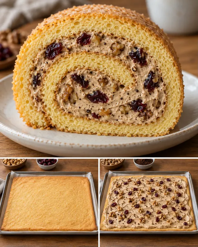 Piškotová roláda — káva, vlašské ořechy, brusinky