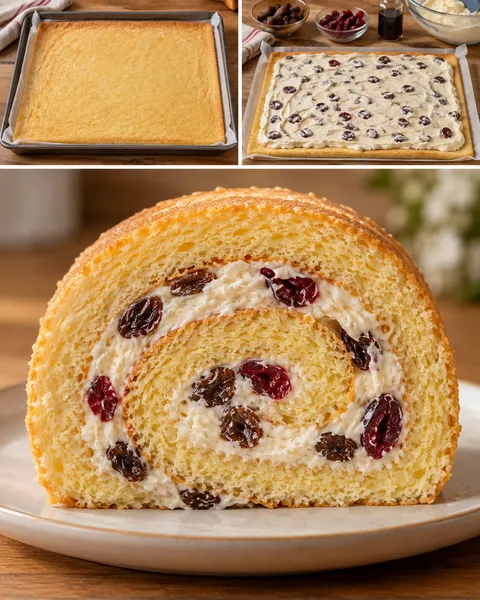 Piškotová roláda — rozinky, vanilka, brusinky
