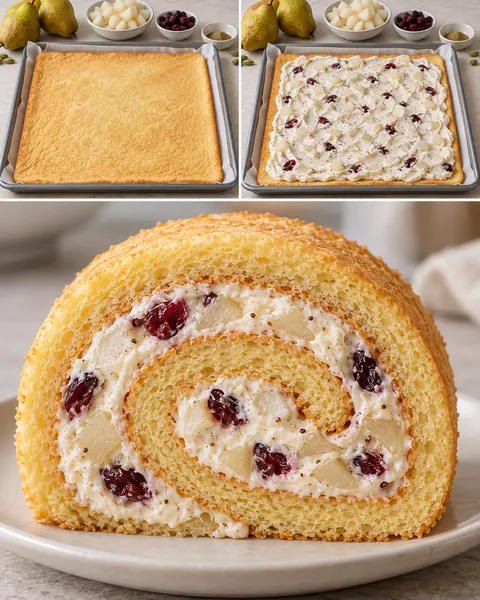 Piškotová roláda — hrušky, kardamom, brusinky