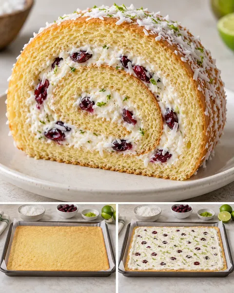 Piškotová roláda — kokos, limetka, brusinky