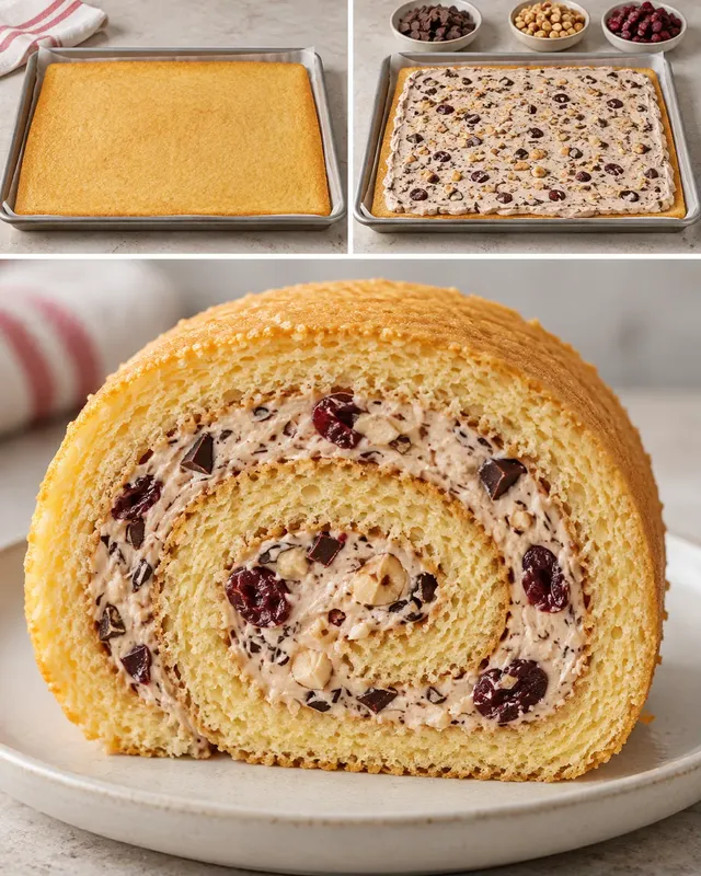 Piškotová roláda — hořká čokoláda, lískové ořechy, brusinky