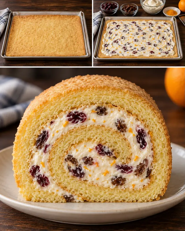 Piškotová roláda — brusinky, pomeranč, rozinky