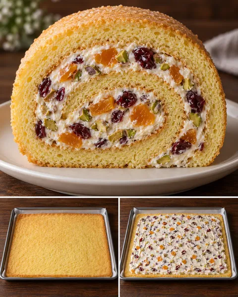 Piškotová roláda — sušené meruňky, pistácie, brusinky