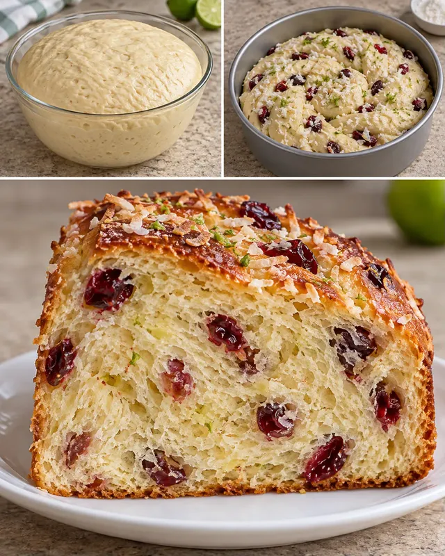 Sladký kynutý koláč — kokos, limetka, brusinky