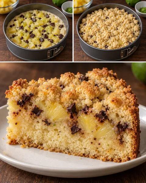 Koláč s drobenkou — ananas, limetka, hořká čokoláda