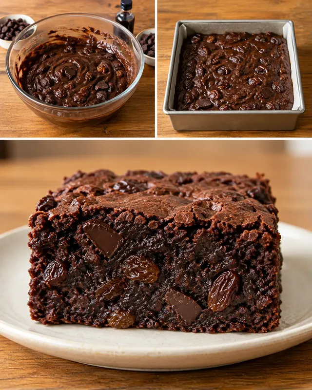 Brownies — rozinky, vanilka, hořká čokoláda