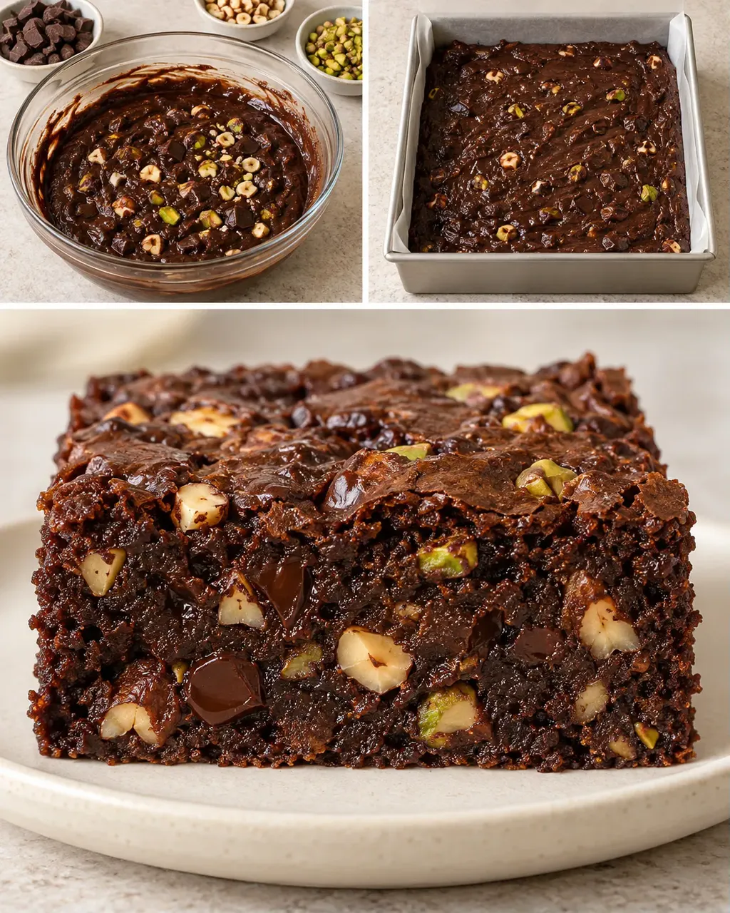 Brownies — hořká čokoláda, lískové ořechy, pistácie