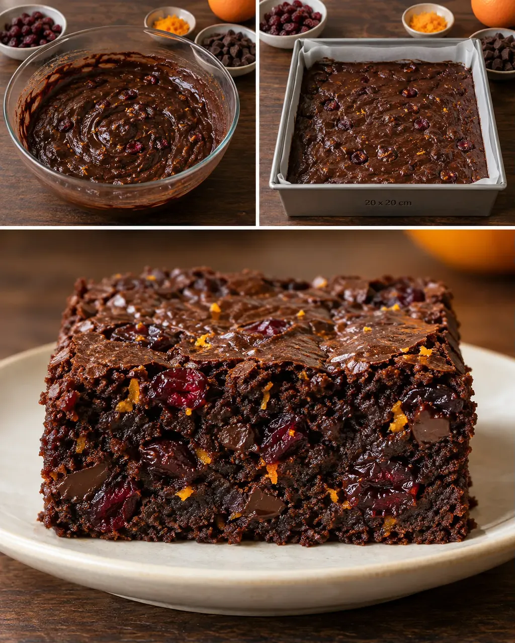 Brownies — brusinky, pomeranč, hořká čokoláda