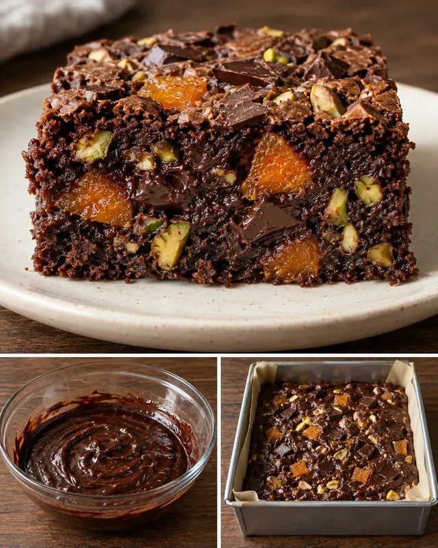 Brownies — sušené meruňky, pistácie, hořká čokoláda