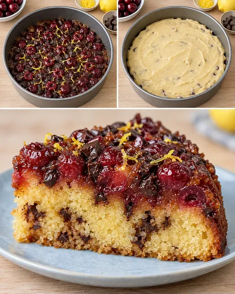 Obrácený ovocný koláč — višně, citron, hořká čokoláda