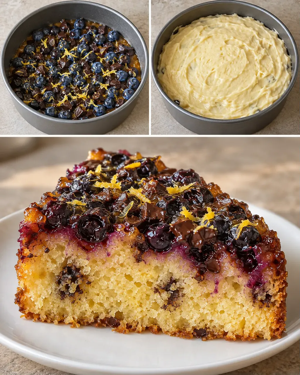 Obrácený ovocný koláč — borůvky, citron, hořká čokoláda