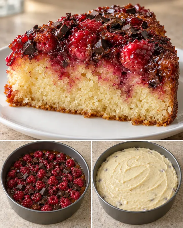 Obrácený ovocný koláč — maliny, vanilka, hořká čokoláda