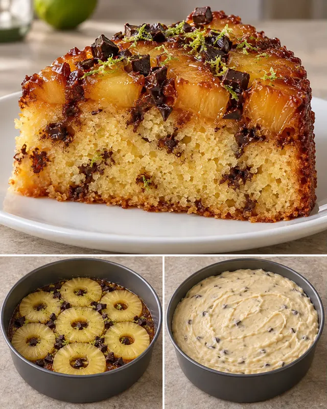 Obrácený ovocný koláč — ananas, limetka, hořká čokoláda