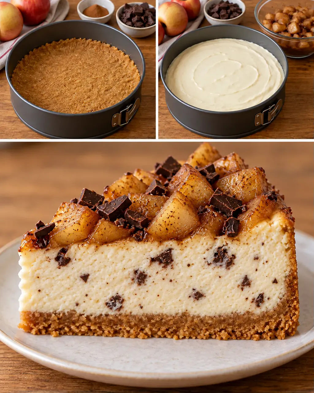 Pečený cheesecake — jablka, skořice, hořká čokoláda