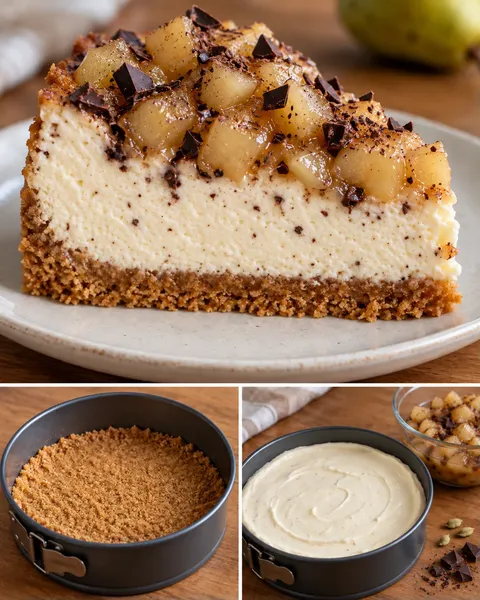 Pečený cheesecake — hrušky, kardamom, hořká čokoláda