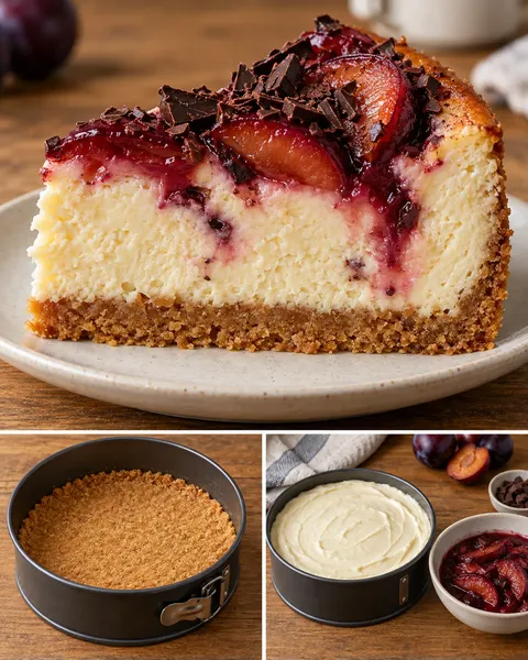 Pečený cheesecake — švestky, vanilka, hořká čokoláda