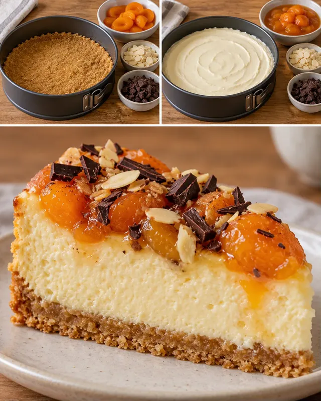 Pečený cheesecake — meruňky, mandle, hořká čokoláda