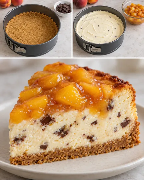 Pečený cheesecake — broskve, vanilka, hořká čokoláda