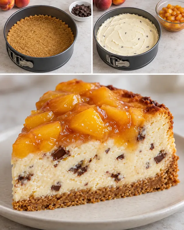 Pečený cheesecake — broskve, vanilka, hořká čokoláda