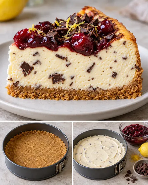 Pečený cheesecake — višně, citron, hořká čokoláda