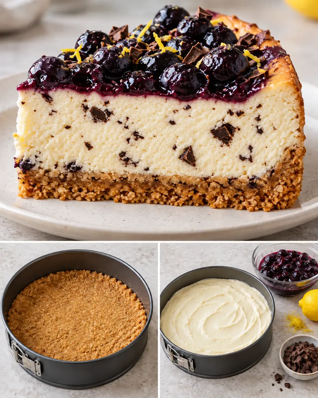 Pečený cheesecake — borůvky, citron, hořká čokoláda