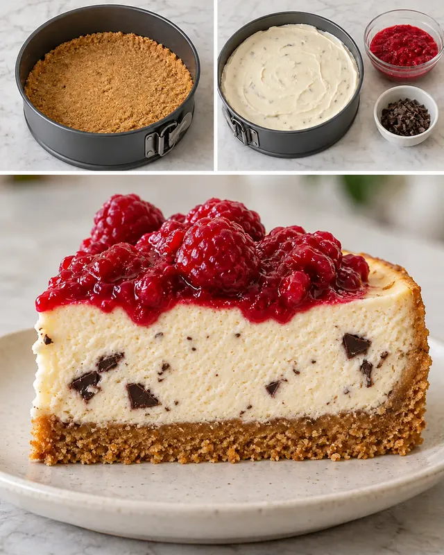Pečený cheesecake — maliny, vanilka, hořká čokoláda