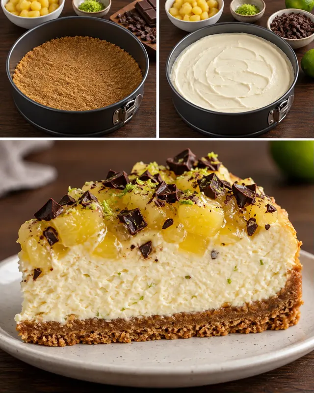 Pečený cheesecake — ananas, limetka, hořká čokoláda