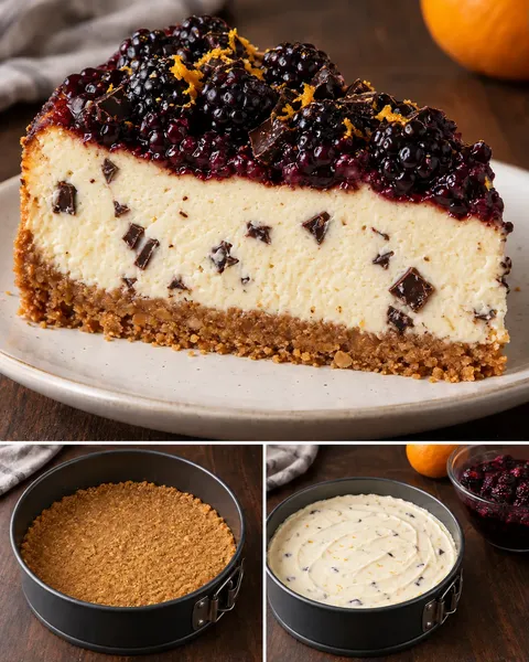 Pečený cheesecake — ostružiny, pomeranč, hořká čokoláda