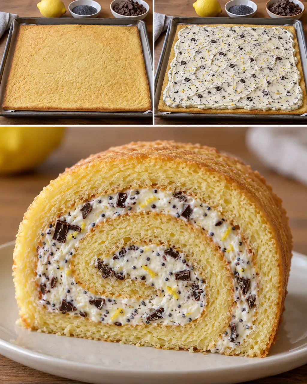 Piškotová roláda — citron, mák, hořká čokoláda