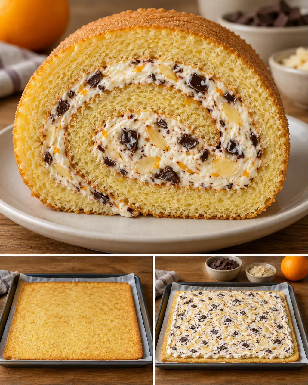 Piškotová roláda — pomeranč, mandle, hořká čokoláda