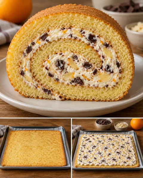 Piškotová roláda — pomeranč, mandle, hořká čokoláda