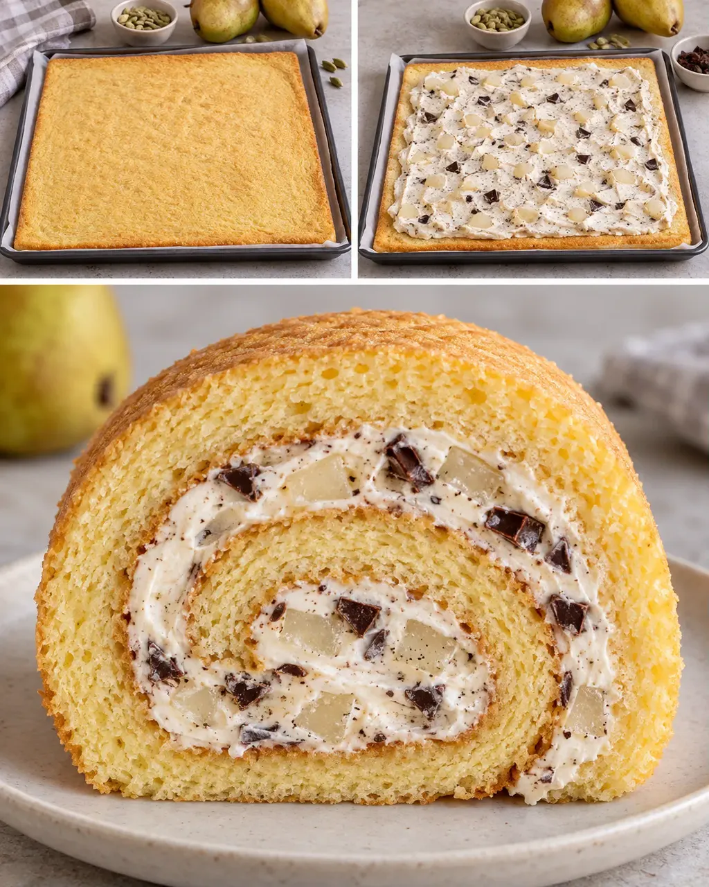 Piškotová roláda — hrušky, kardamom, hořká čokoláda