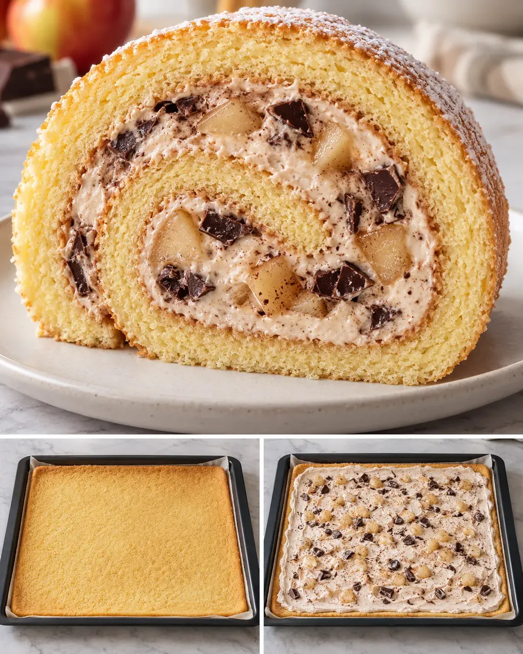 Piškotová roláda — jablka, skořice, hořká čokoláda