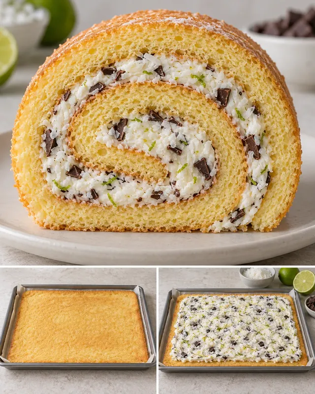 Piškotová roláda — kokos, limetka, hořká čokoláda