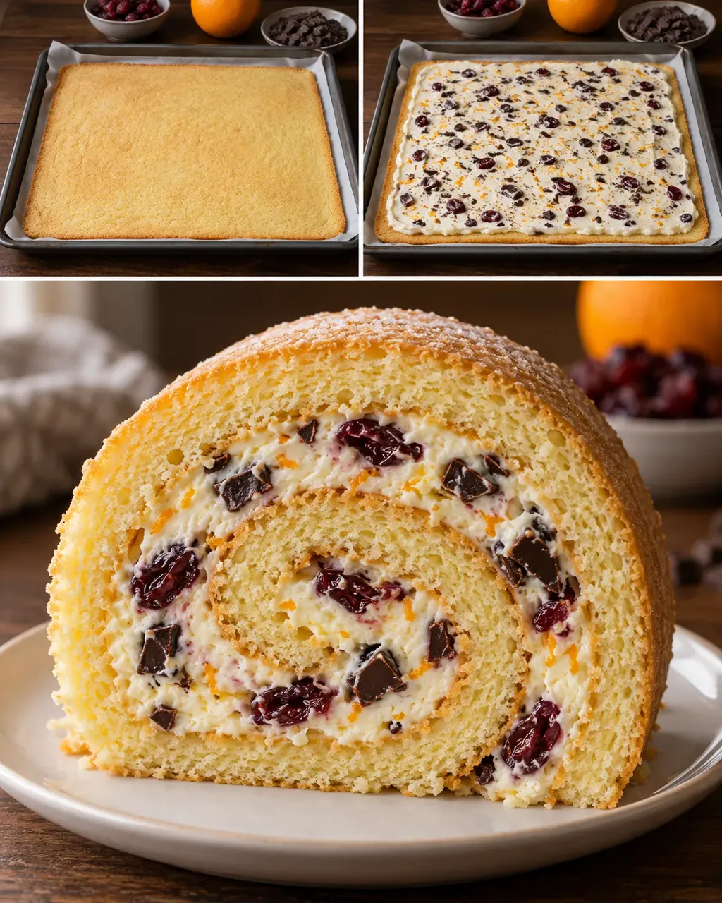 Piškotová roláda — brusinky, pomeranč, hořká čokoláda