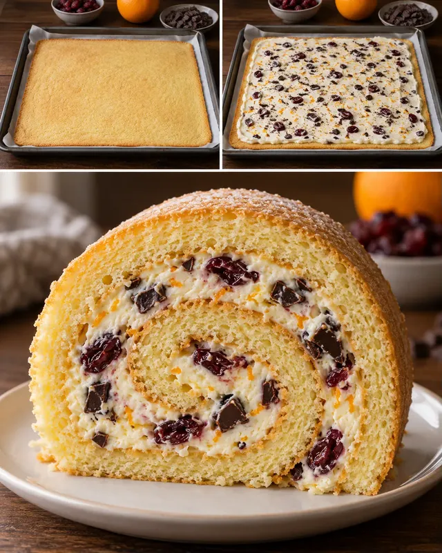 Piškotová roláda — brusinky, pomeranč, hořká čokoláda