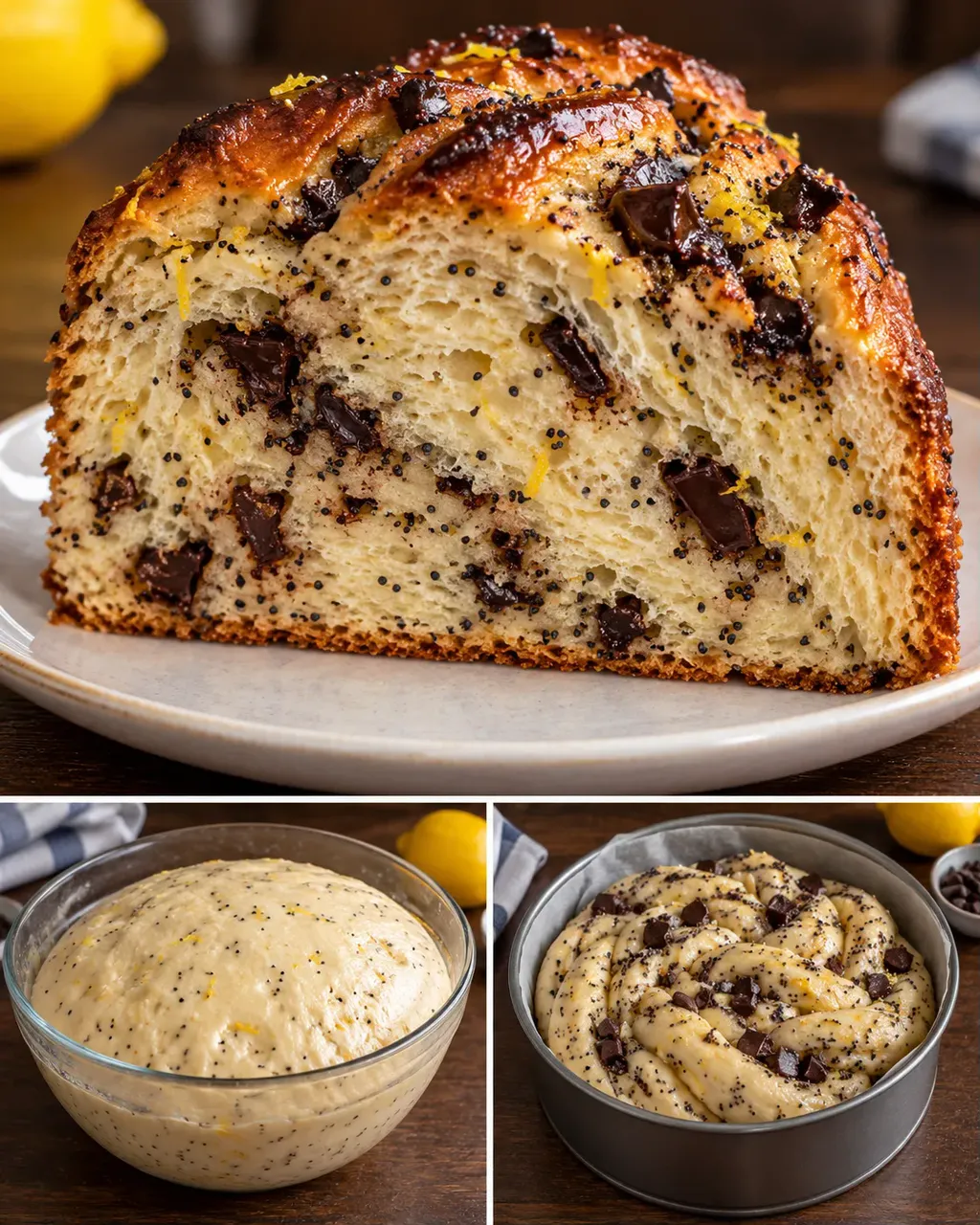 Sladký kynutý koláč — citron, mák, hořká čokoláda