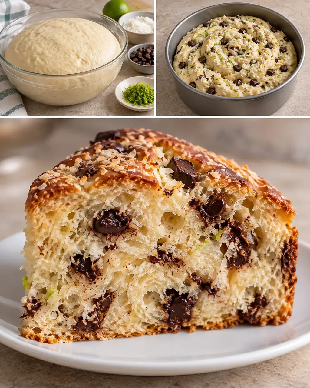 Sladký kynutý koláč — kokos, limetka, hořká čokoláda
